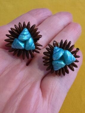 Vintage Clip-On Earrings Made From Dyed Blue Shells & Apple or Koa Seeds